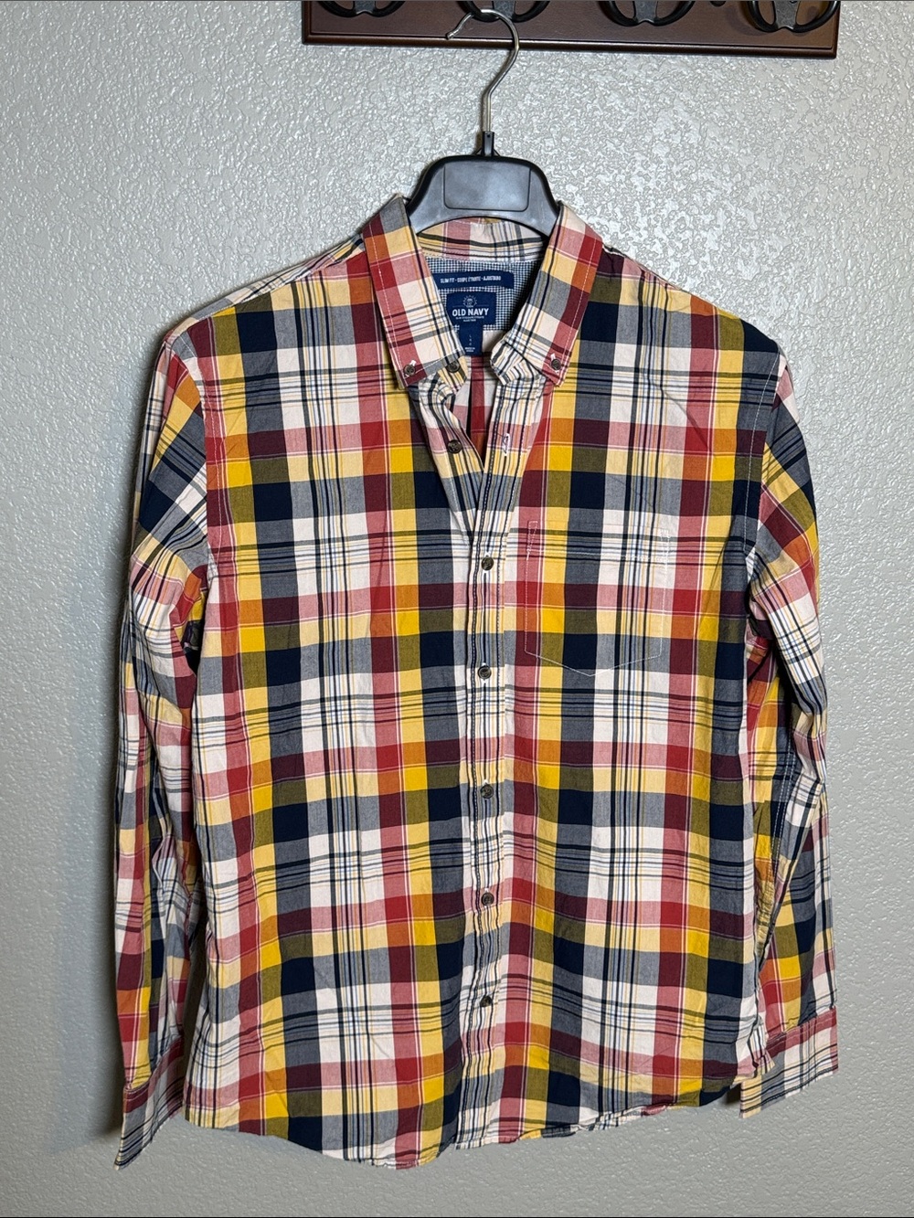 Old Navy Men's Slim Fit Yellow Red Navy Plaid Button-Down Shirt